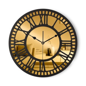 HORLOGE MIROIR DÉCORATIF AJOURÉ, OR, CHIFFRES ROMAINS, FAIT MAIN, NOIR
