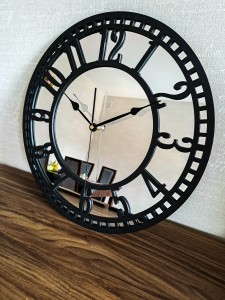 HORLOGE MIROIR AJOURÉE, DÉCORATIVE, ARGENT, VINTAGE, FAIT MAIN, NOIR