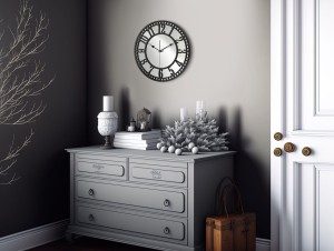 HORLOGE MIROIR AJOURÉE, DÉCORATIVE, ARGENT, VINTAGE, FAIT MAIN, NOIR