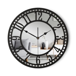 HORLOGE MIROIR AJOURÉE, DÉCORATIVE, ARGENT, VINTAGE, FAIT MAIN, NOIR