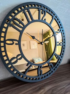 HORLOGE MIROIR AJOURÉE, DÉCORATIVE, OR, VINTAGE, FAIT MAIN, NOIR