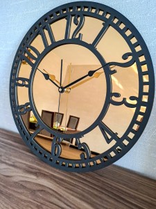HORLOGE MIROIR AJOURÉE, DÉCORATIVE, OR, VINTAGE, FAIT MAIN, NOIR