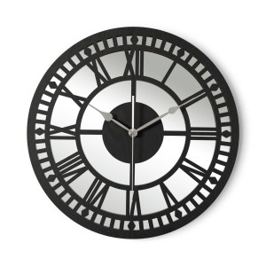 HORLOGE MIROIR AJOURÉE, DÉCORATIVE, ARGENT, CHIFFRES ROMAINS, FAIT MAIN, NOIR