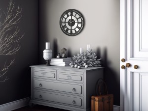 HORLOGE MIROIR AJOURÉE, DÉCORATIVE, ARGENT, CHIFFRES ROMAINS, FAIT MAIN, NOIR