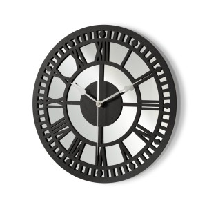 HORLOGE MIROIR AJOURÉE, DÉCORATIVE, ARGENT, CHIFFRES ROMAINS, FAIT MAIN, NOIR