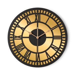 HORLOGE MIROIR DÉCORATIF AJOURÉ, OR, CHIFFRES ROMAINS, FAIT MAIN, NOIR