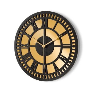 HORLOGE MIROIR DÉCORATIF AJOURÉ, OR, CHIFFRES ROMAINS, FAIT MAIN, NOIR