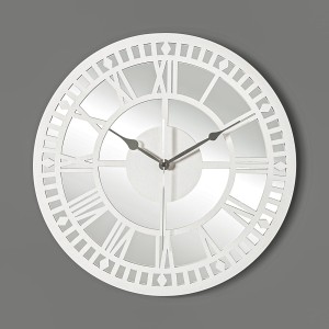 HORLOGE MIROIR AJOURÉE, DÉCORATIVE, ARGENT, CHIFFRES ROMAINS, FAIT MAIN, BLANC