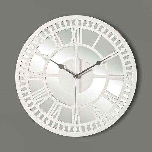 HORLOGE MIROIR AJOURÉE, DÉCORATIVE, ARGENT, CHIFFRES ROMAINS, FAIT MAIN, BLANC