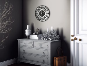 HORLOGE MIROIR AJOURÉE, DÉCORATIVE, ARGENT, VINTAGE, FAIT MAIN, NOIR