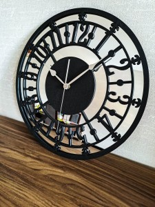 HORLOGE MIROIR AJOURÉE, DÉCORATIVE, ARGENT, VINTAGE, FAIT MAIN, NOIR
