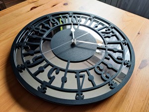 HORLOGE MIROIR AJOURÉE, DÉCORATIVE, ARGENT, VINTAGE, FAIT MAIN, NOIR