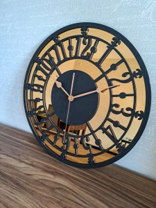 HORLOGE MIROIR AJOURÉE, DÉCORATIVE, OR, VINTAGE, FAIT MAIN, NOIR