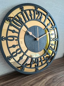 HORLOGE MIROIR AJOURÉE, DÉCORATIVE, OR, VINTAGE, FAIT MAIN, NOIR