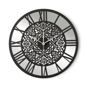 HORLOGE MIROIR DÉCORATIF AJOURÉ, ARGENT, MOTIF ORIENTAL, FAIT MAIN, NOIR