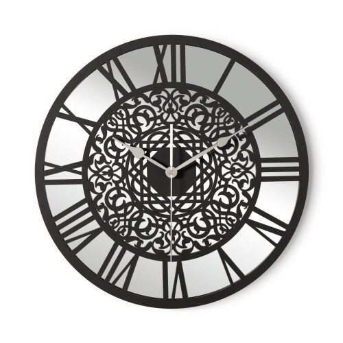 HORLOGE MIROIR DÉCORATIF AJOURÉ, ARGENT, MOTIF ORIENTAL, FAIT MAIN, NOIR