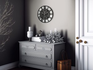 HORLOGE MIROIR DÉCORATIF AJOURÉ, ARGENT, MOTIF ORIENTAL, FAIT MAIN, NOIR