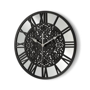 HORLOGE MIROIR DÉCORATIF AJOURÉ, ARGENT, MOTIF ORIENTAL, FAIT MAIN, NOIR