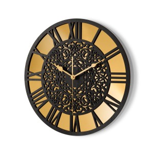AJOURÉE, HORLOGE MIROIR DÉCORATIF, OR, MOTIF ORIENTAL, FAIT MAIN, NOIR
