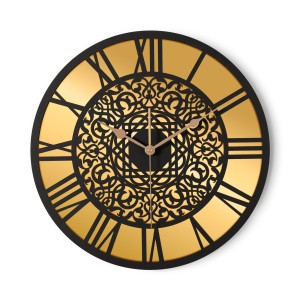 AJOURÉE, HORLOGE MIROIR DÉCORATIF, OR, MOTIF ORIENTAL, FAIT MAIN, NOIR