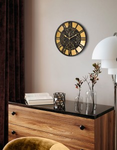 AJOURÉE, HORLOGE MIROIR DÉCORATIF, OR, MOTIF ORIENTAL, FAIT MAIN, NOIR