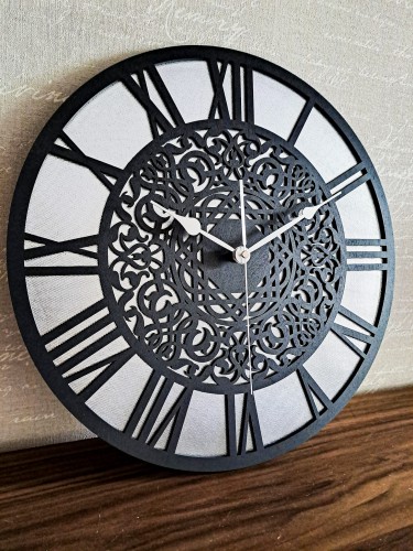 AŻUROWY, DEKORACYJNY ZEGAR  ŚCIENNY, SREBRNY/CZARNY, PIĘKNY, ORIENTALNY ORNAMENT, HANDMADE 