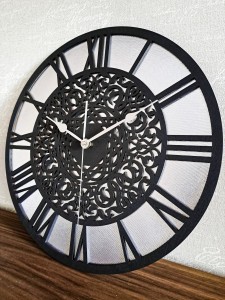 AŻUROWY, DEKORACYJNY ZEGAR  ŚCIENNY, SREBRNY/CZARNY, PIĘKNY, ORIENTALNY ORNAMENT, HANDMADE 