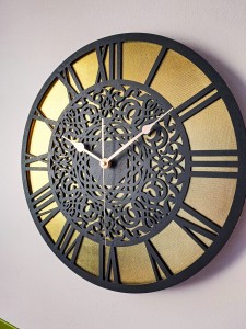 AŻUROWY, DEKORACYJNY ZEGAR ŚCIENNY, ZŁOTY/CZARNY, PIĘKNY, ORIENTALNY ORNAMENT, HANDMADE  