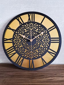 AŻUROWY, DEKORACYJNY ZEGAR ŚCIENNY, ZŁOTY/CZARNY, PIĘKNY, ORIENTALNY ORNAMENT, HANDMADE  