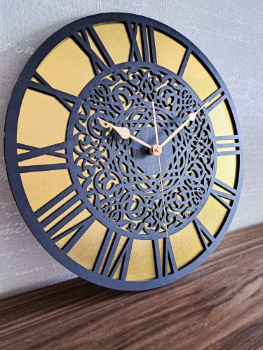 AŻUROWY, DEKORACYJNY ZEGAR ŚCIENNY, ZŁOTY/CZARNY, PIĘKNY, ORIENTALNY ORNAMENT, HANDMADE  