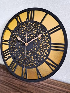 AŻUROWY, DEKORACYJNY ZEGAR ŚCIENNY, ZŁOTY/CZARNY, PIĘKNY, ORIENTALNY ORNAMENT, HANDMADE  
