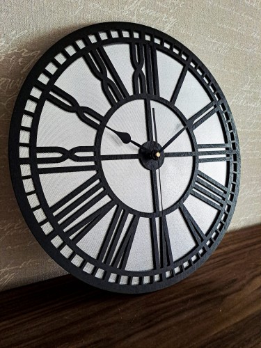 AŻUROWY, DEKORACYJNY ZEGAR ŚCIENNY, SREBRNY/CZARNY, RZYMSKIE CYFRY, PIĘKNY ORNAMENT, HANDMADE 