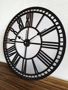 AŻUROWY, DEKORACYJNY ZEGAR ŚCIENNY, SREBRNY/CZARNY, RZYMSKIE CYFRY, PIĘKNY ORNAMENT, HANDMADE 