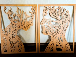 AŻUROWA, DREWNIANA DEKORACJA ŚCIENNA, PARA, TWARZE, DRZEWA, LAS,STYL SKANDYNAWSKI, LOFT 