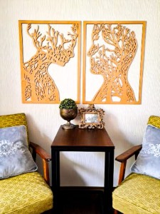 AŻUROWA, DREWNIANA DEKORACJA ŚCIENNA, PARA, TWARZE, DRZEWA, LAS,STYL SKANDYNAWSKI, LOFT 