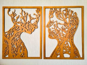 AŻUROWA, DREWNIANA DEKORACJA ŚCIENNA, PARA, TWARZE, DRZEWA, LAS,STYL SKANDYNAWSKI, LOFT 