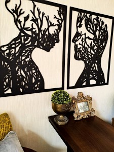 AŻUROWA, DREWNIANA DEKORACJA ŚCIENNA, PARA, TWARZE, DRZEWA, LAS,STYL SKANDYNAWSKI, LOFT 