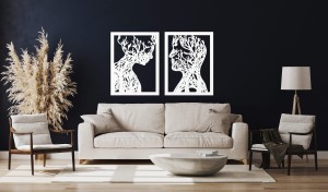 AŻUROWA, DREWNIANA DEKORACJA ŚCIENNA, PARA, TWARZE, DRZEWA, LAS,STYL SKANDYNAWSKI, LOFT 