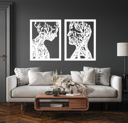 AŻUROWA, DREWNIANA DEKORACJA ŚCIENNA, PARA, TWARZE, DRZEWA, LAS,STYL SKANDYNAWSKI, LOFT 