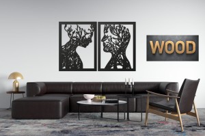 AŻUROWA, DREWNIANA DEKORACJA ŚCIENNA, PARA, TWARZE, DRZEWA, LAS,STYL SKANDYNAWSKI, LOFT 