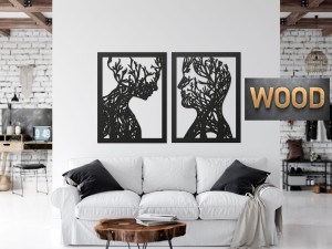 AŻUROWA, DREWNIANA DEKORACJA ŚCIENNA, PARA, TWARZE, DRZEWA, LAS,STYL SKANDYNAWSKI, LOFT 